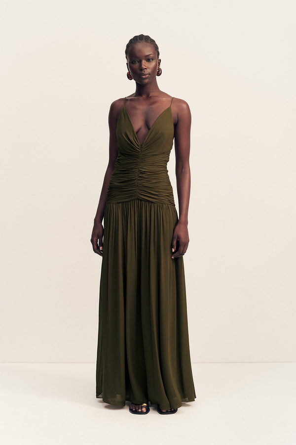 Shona Joy Juno Gathered Bodice Maxi Dress in Olive - size Aus 12/US 8 Shona Joy Juno Gathered Bodice Maxi Dress in Olive - size Aus 12/US 8