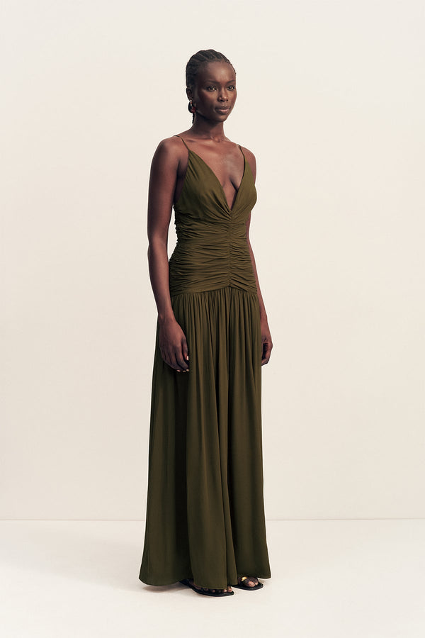 Shona Joy Juno Gathered Bodice Maxi Dress in Olive - size Aus 12/US 8 Shona Joy Juno Gathered Bodice Maxi Dress in Olive - size Aus 12/US 8