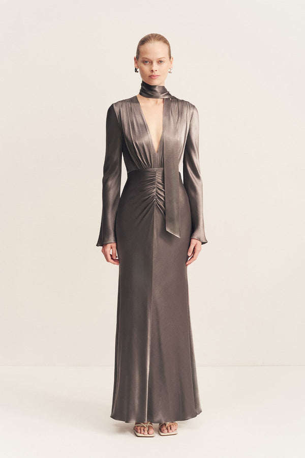 LA LUNE PLUNGED LONG SLEEVE MAXI DRESS - GRAPHITE_F