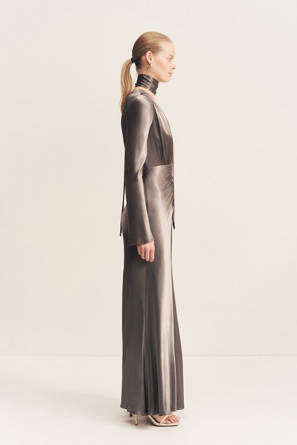 LA LUNE PLUNGED LONG SLEEVE MAXI DRESS - GRAPHITE
