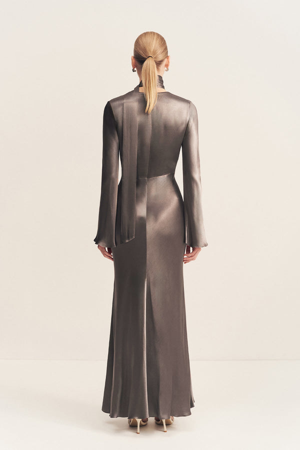 LA LUNE PLUNGED LONG SLEEVE MAXI DRESS - GRAPHITE