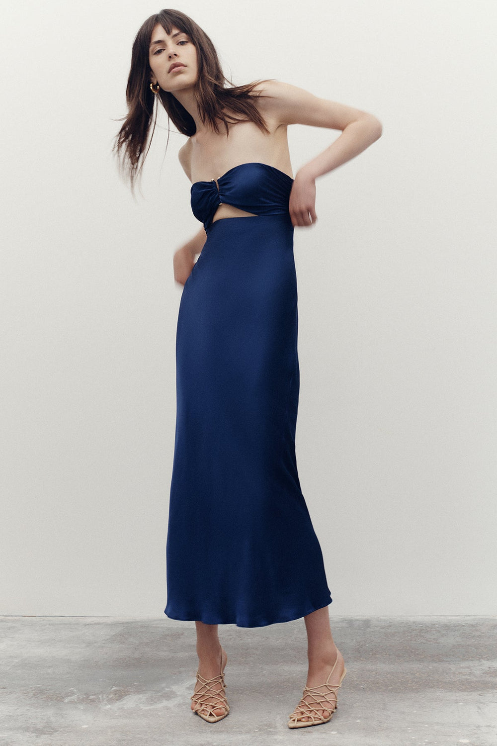 Almaeh Midi Dress - Twist Front Cut Out Strapless Slip Dress in Pale Blue
