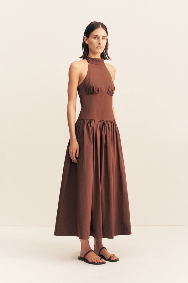 CAMPBELL HALTER NECK MIDI DRESS - ESPRESSO