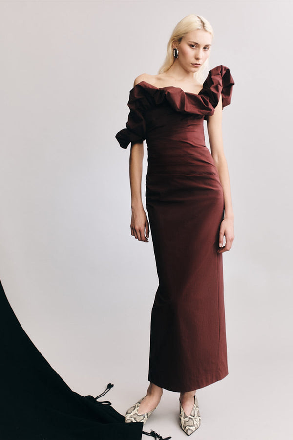 CAMPBELL RUFFLE DRAPED MAXI DRESS - ESPRESSO_C