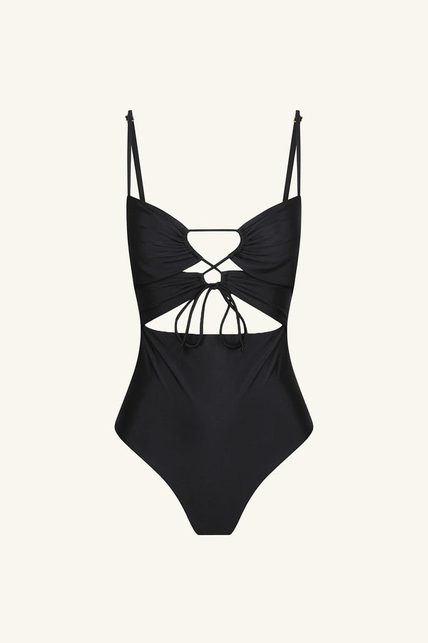 Kamoni Black Plunge Belted Cut Out Back Tie High Cut Thong One Piece  Swimsuit