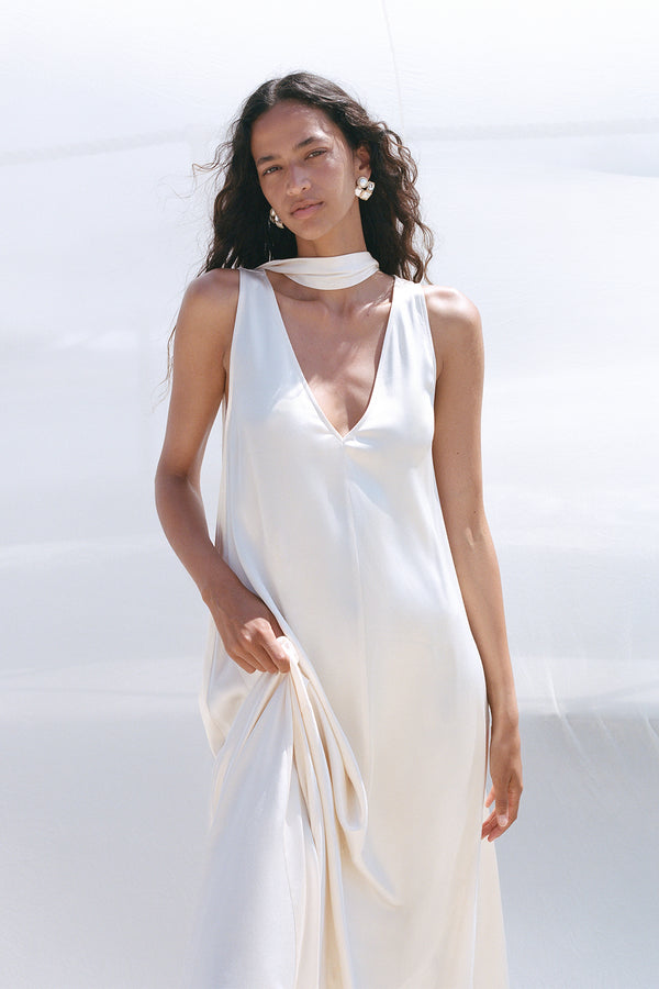 LA LUNE SCARF PANELLED MAXI DRESS - CREAM