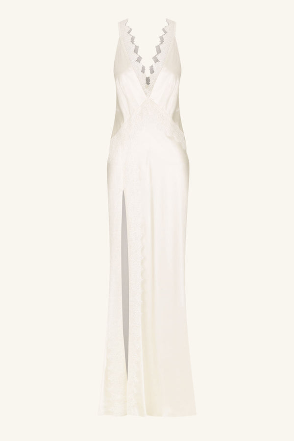 long silk dress white Shona Joy La Lune Cumulus Silk Lace Strap Split Maxi Dress