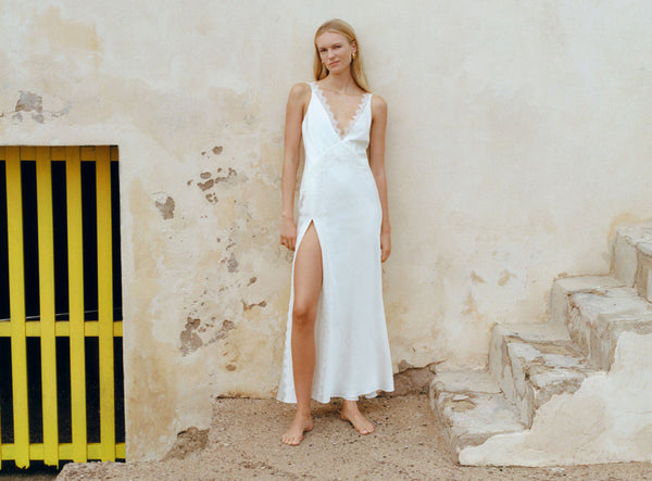 split maxi dress Shona Joy La Lune Cumulus Silk Lace Strap Split Maxi Dress
