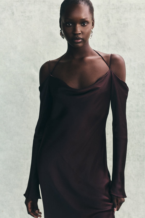 LA LUNE OFF SHOULDER TIE MAXI DRESS - ESPRESSO