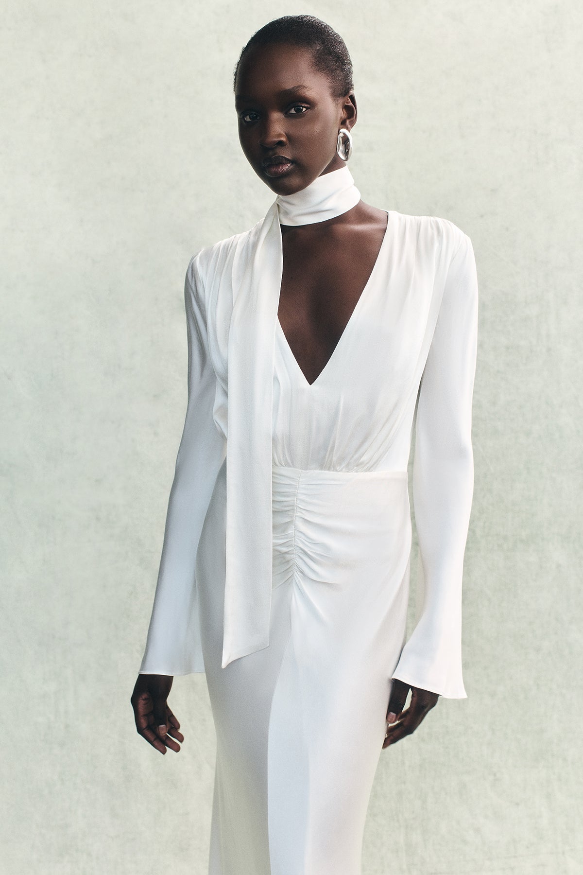 La Lune Plunged Long Sleeve Maxi Dress | White | Dresses | Shona