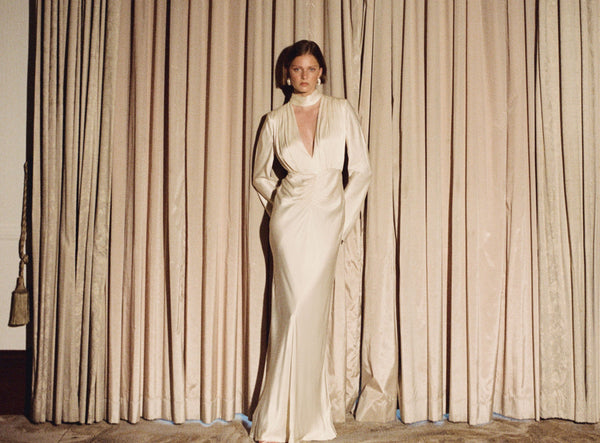 LA LUNE PLUNGED LONG SLEEVE MAXI DRESS - CREAM_C