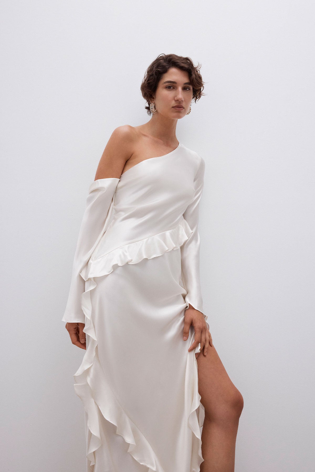 Long Sleeve Dress White Satin Maxi Slip Dress LOUELLA SILK