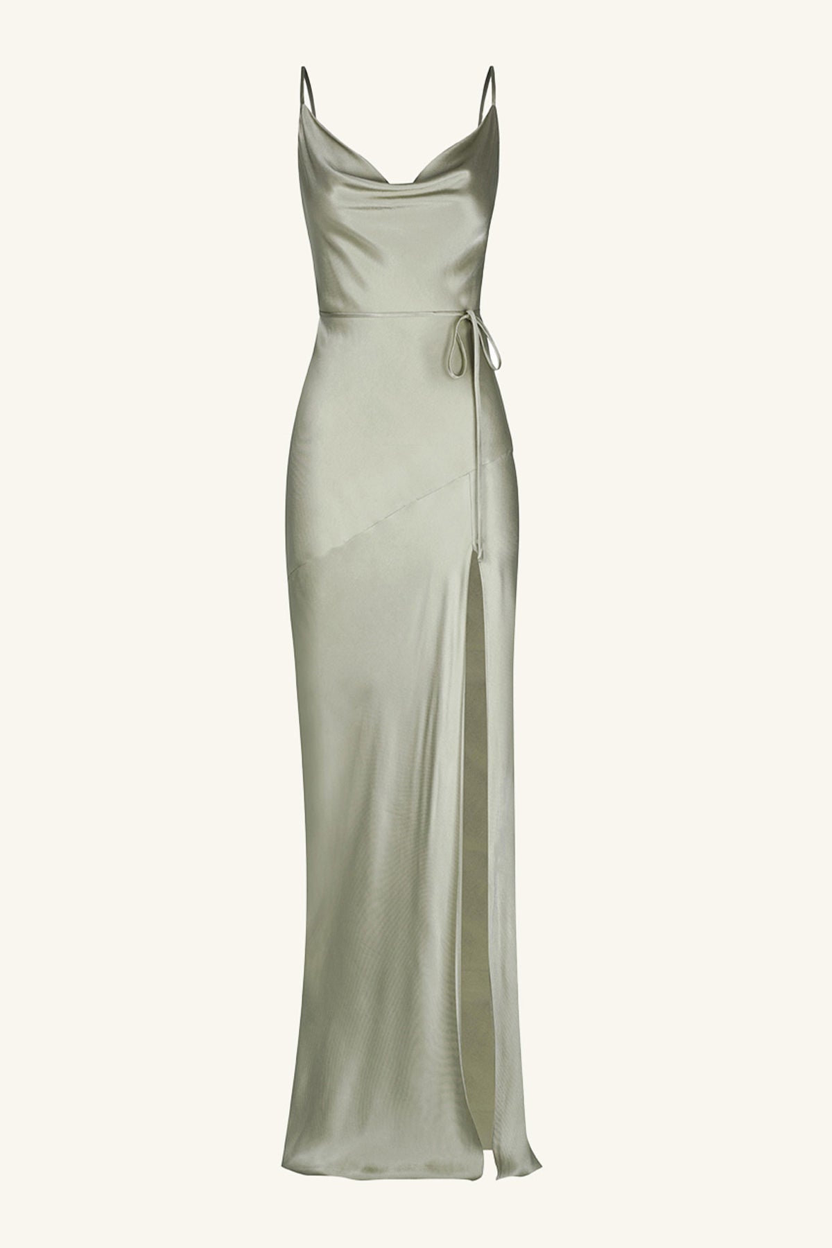Green Maxi Dress - Satin High Slit Dress - Sage Cowl Neck Dress