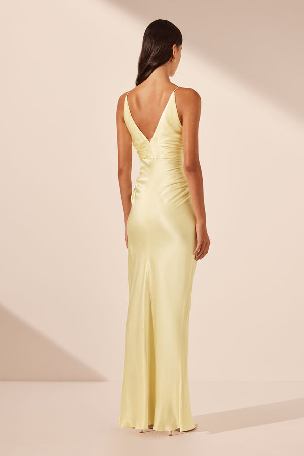LA LUNE HIGH NECK RUCHED MAXI DRESS - LEMON