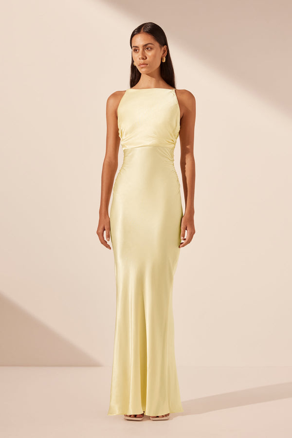 LA LUNE HIGH NECK RUCHED MAXI DRESS - LEMON_F