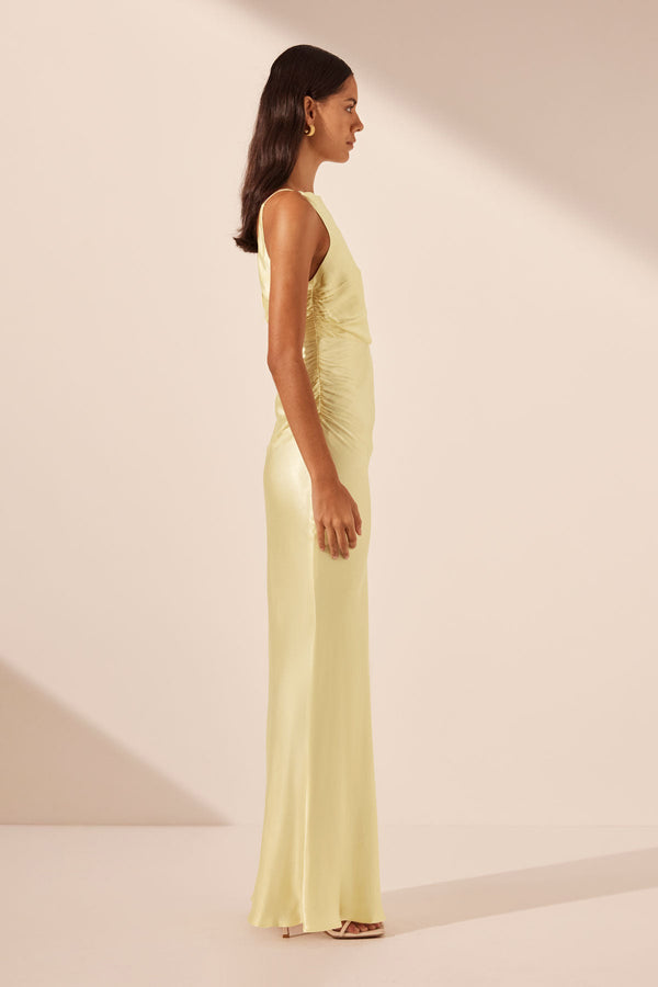 LA LUNE HIGH NECK RUCHED MAXI DRESS - LEMON