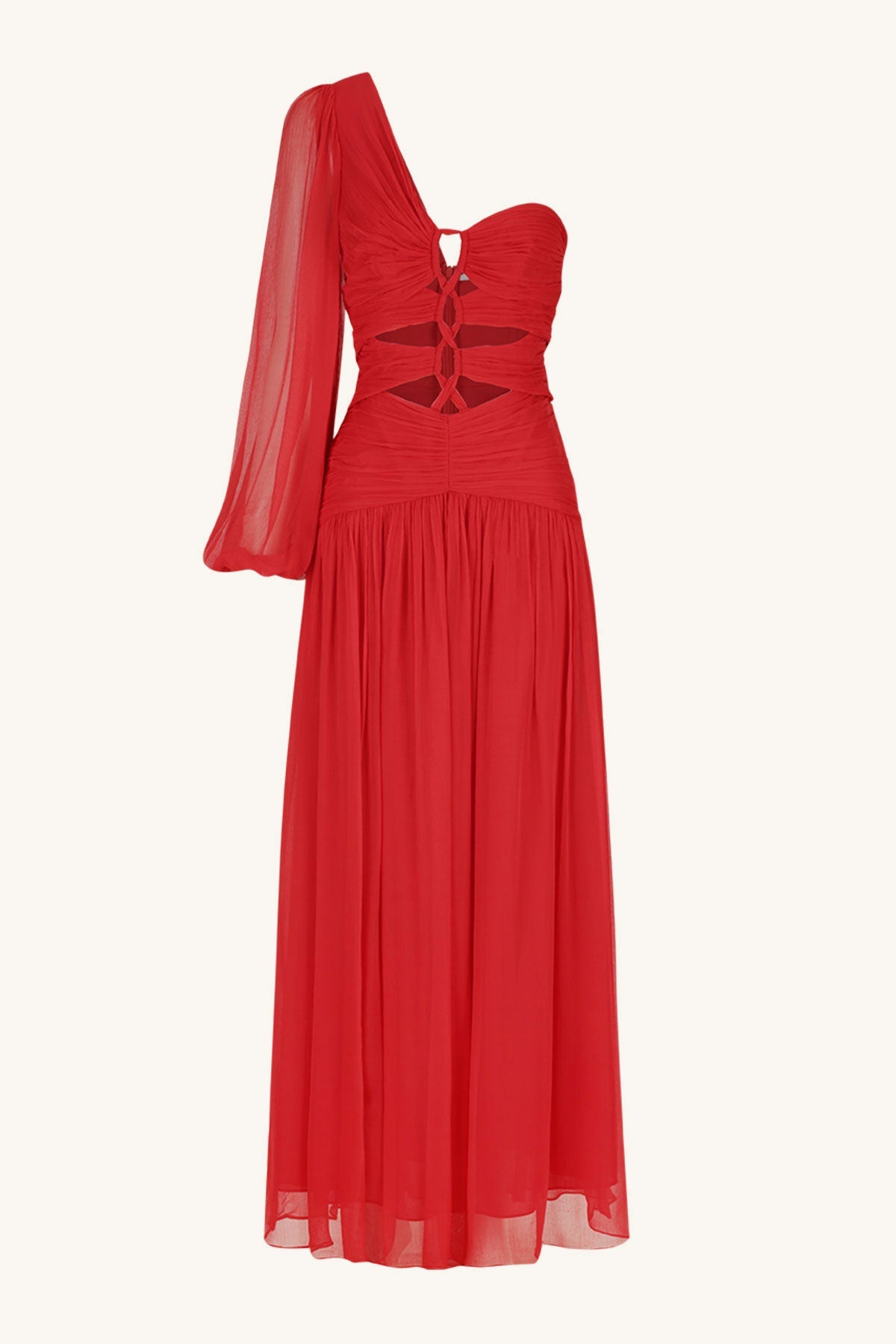 Margot Long Sleeve One Shoulder Lace Up Maxi Dress | Sailor Red | Dresses |  Shona Joy
