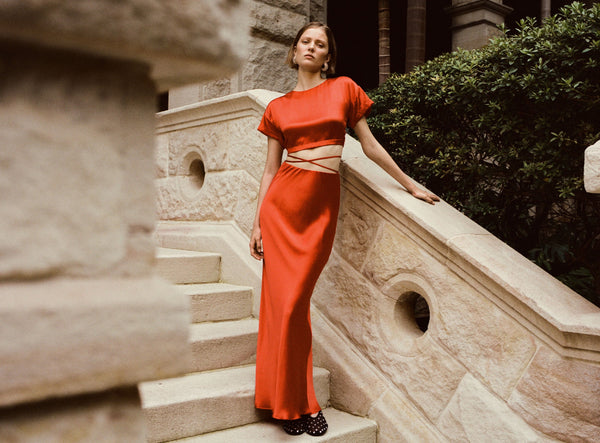 MILENNA SILK BIAS TIE MAXI SKIRT CHILLI RED SKIRTS SHONA JOY