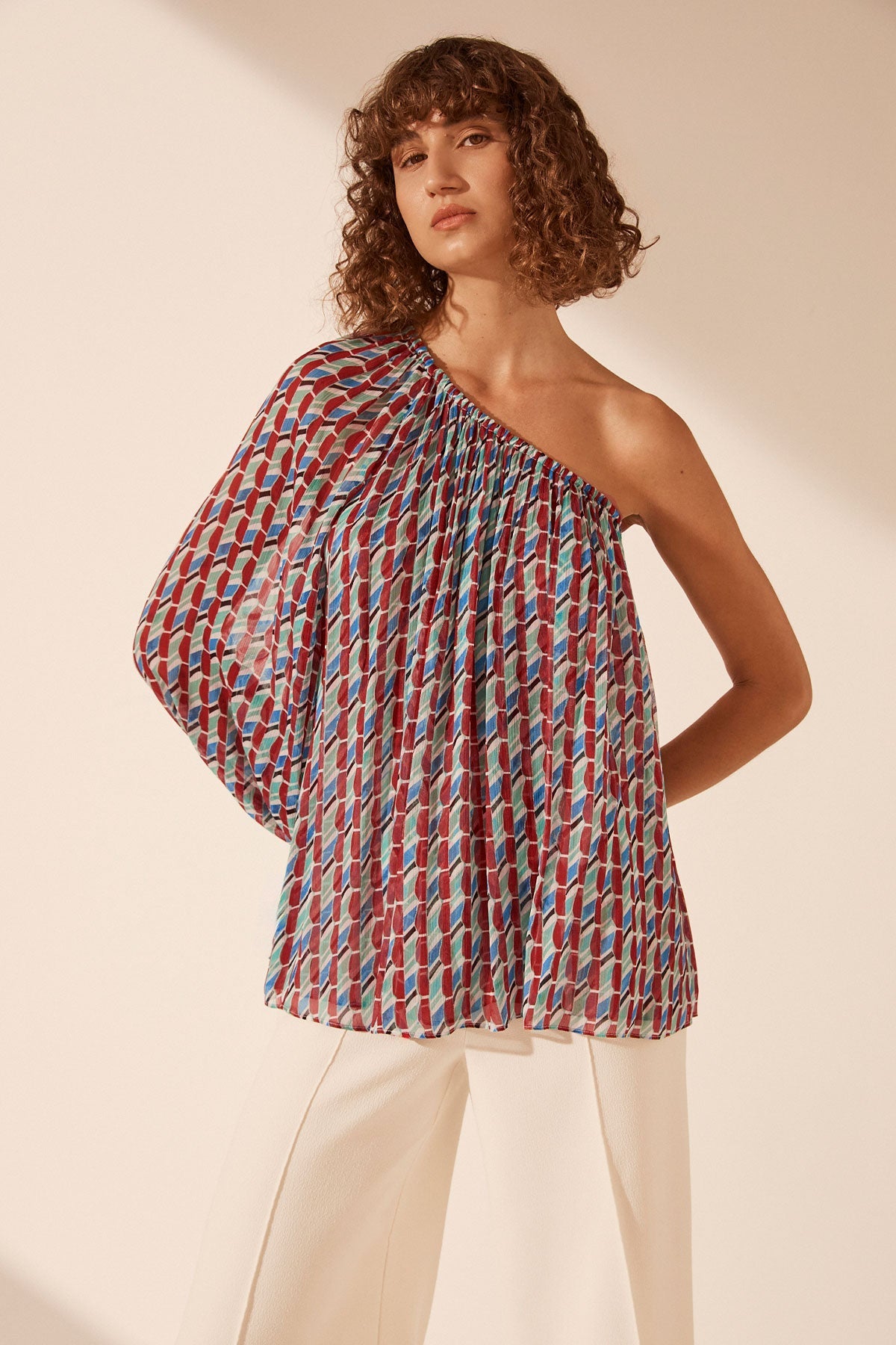 Maribel One Shoulder Blouse Sailor Red Multi Tops Shona Joy