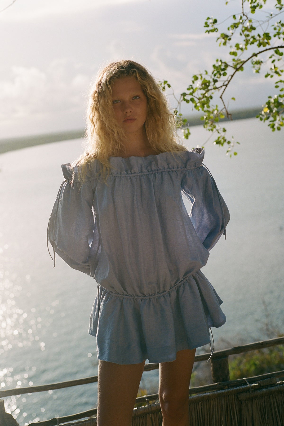 Marlowe Off Shoulder Linen Blend Mini Dress | Chambray | Dresses