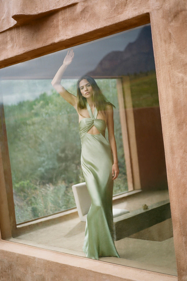 La Lune Ruched Halter Maxi Dress | Fern | Dresses
