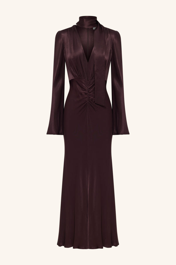 LA LUNE PLUNGED LONG SLEEVE MAXI DRESS - ESPRESSO_G