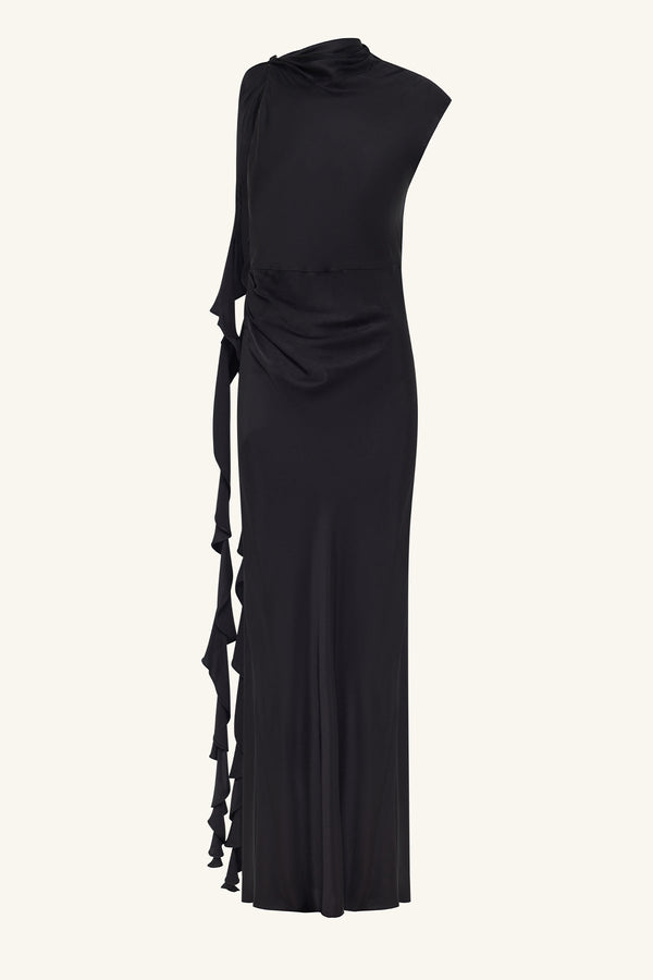 AGNES DRAPED RUFFLE MAXI DRESS - BLACK_G
