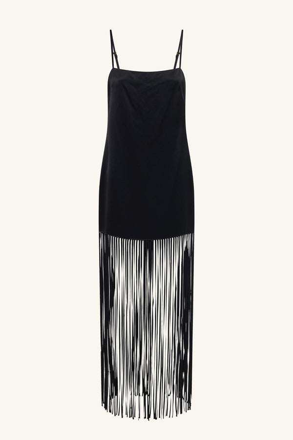 MORAYA SQUARE NECK FRINGE MAXI DRESS - BLACK_G
