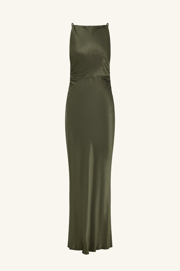 LA LUNE HIGH NECK RUCHED MAXI DRESS - FOREST_G