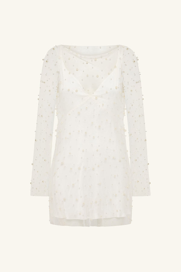 Sheer Embellished Long Sleeve A-line Mini Dress In Almond Opaline Sheer Pearl Mini Dress | Sheer Embellished Long Sleeve A-line Mini Dress In Almond Opaline Sheer Pearl Mini Dress |