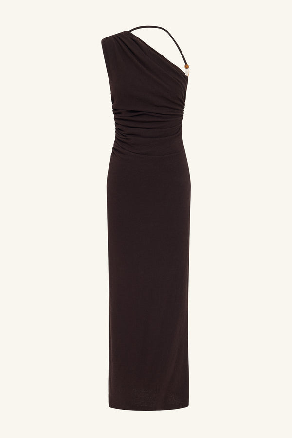 BEAU GATHERED ASYMMETRICAL MIDI DRESS - ESPRESSO_G