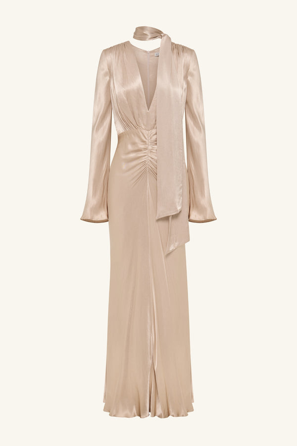 LA LUNE PLUNGED LONG SLEEVE MAXI DRESS - GOLD_G