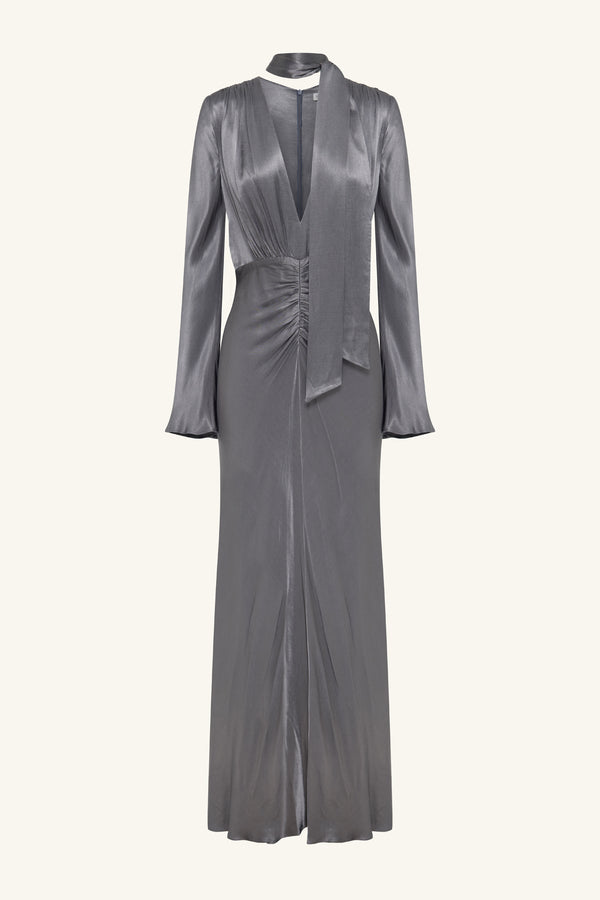 LA LUNE PLUNGED LONG SLEEVE MAXI DRESS - GRAPHITE_G