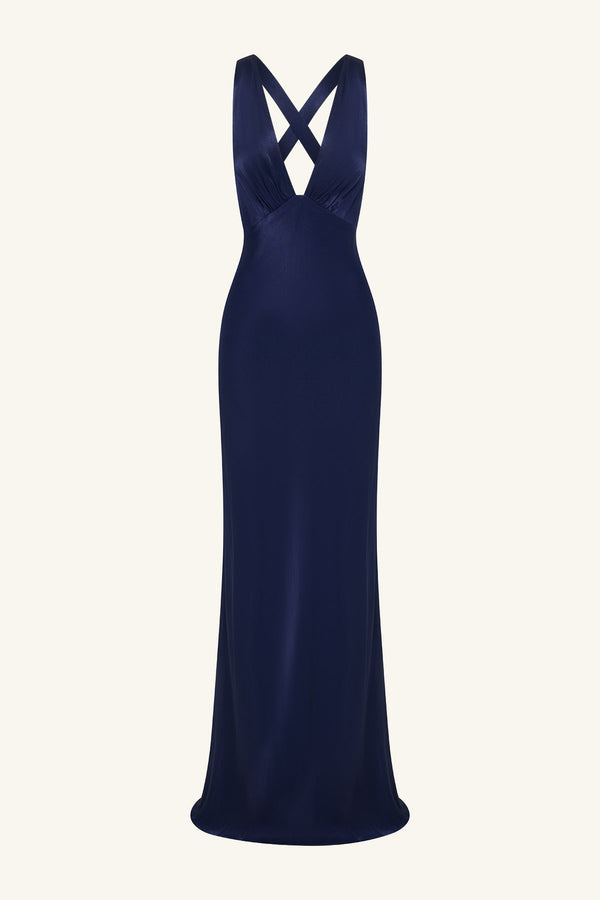 LA LUNE PLUNGED CROSS BACK MAXI DRESS - MIDNIGHT_G