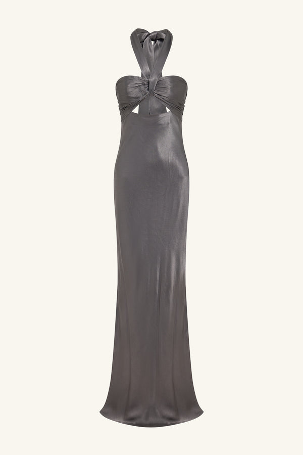 LA LUNE RUCHED HALTER MAXI DRESS - GRAPHITE_G