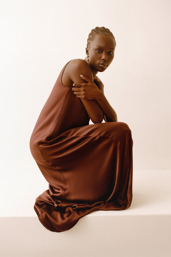 brown dress with scarf Shona Joy - La Lune Scarf Panelled Maxi Dress - Espresso