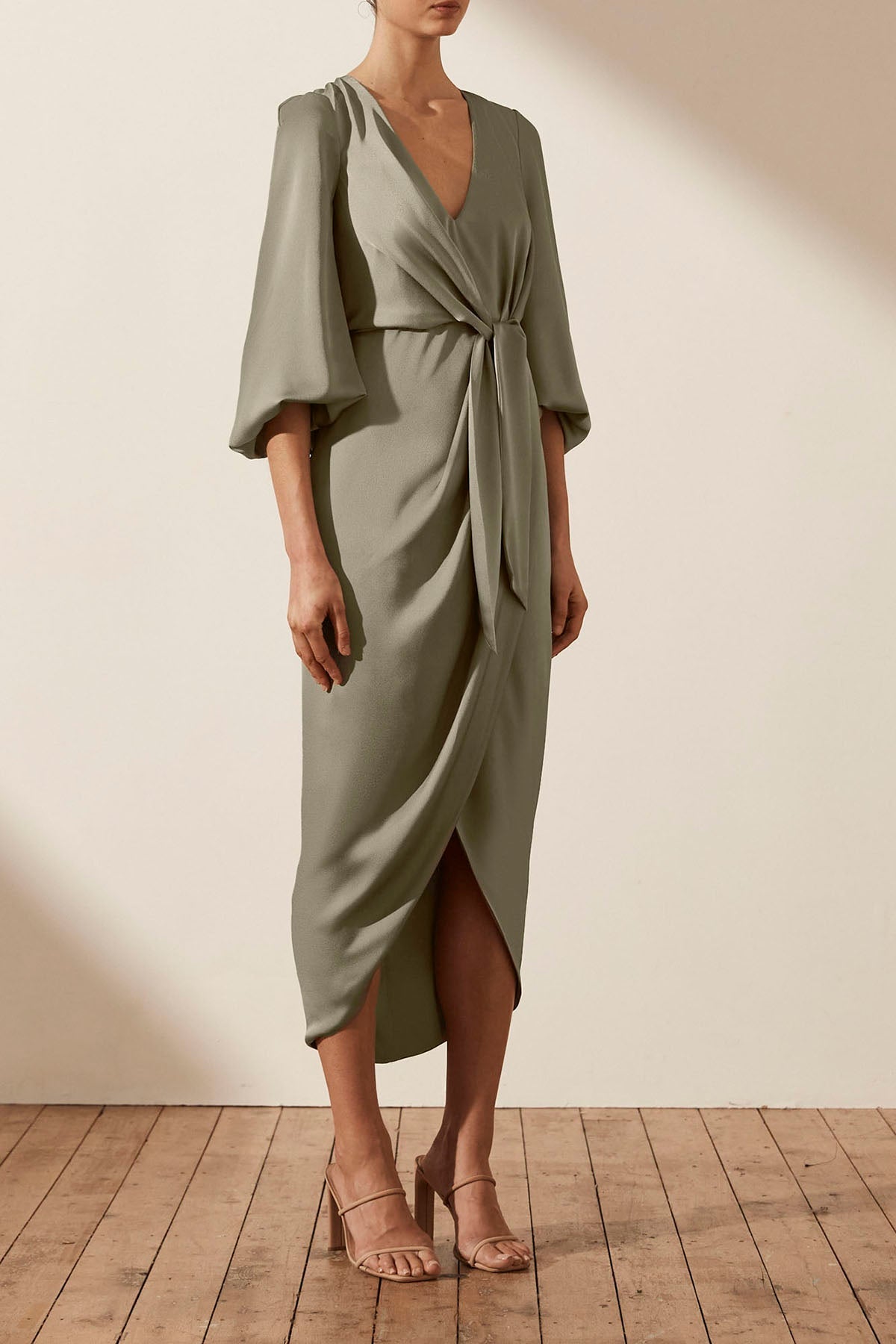 Luxe Tie Front Balloon Sleeve Midi Dress | Eucalyptus | Dresses