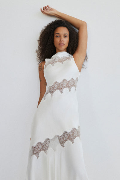Simona Asymmetrical Panelled Maxi Dress | Ivory | Dresses | Shona