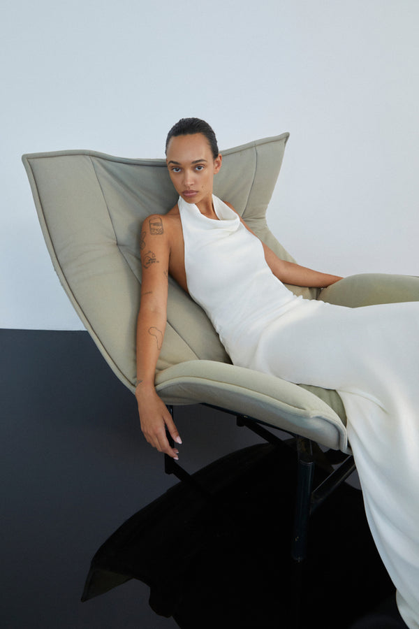 LA LUNE HIGH COWL OPEN BACK GOWN - WHITE