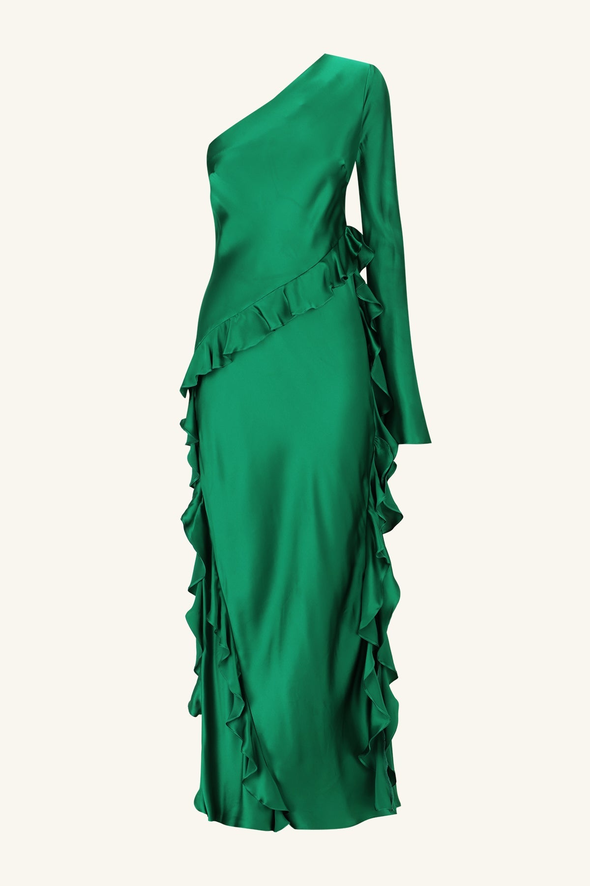 Green silk one shoulder dress best sale