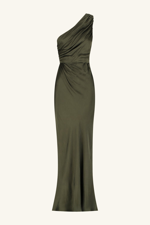LA LUNE GATHERED ONE SHOULDER MAXI DRESS - FOREST_G