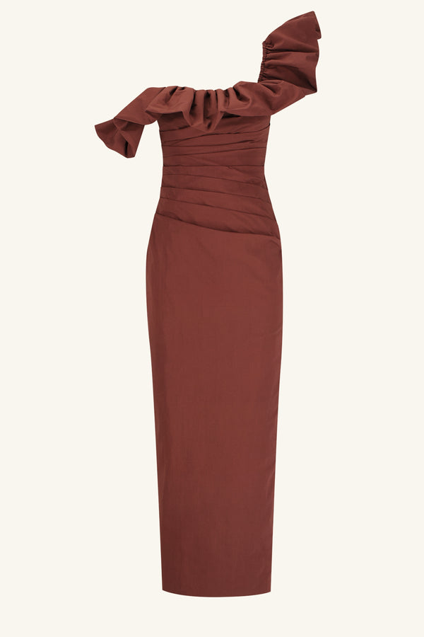 CAMPBELL RUFFLE DRAPED MAXI DRESS - ESPRESSO_G