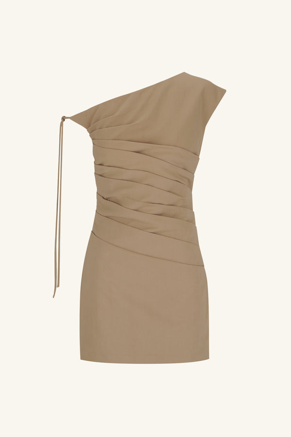 LANI ASYMMETRICAL MINI DRESS - PEBBLE_G