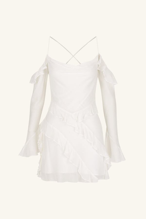 LIRA LONG SLEEVE RUFFLE MINI DRESS - IVORY_G