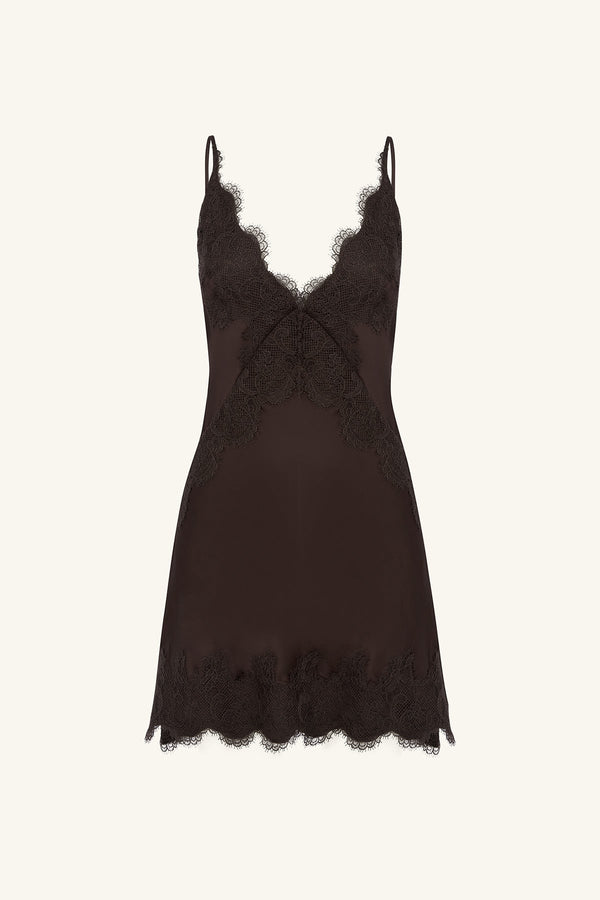 SIMONA LACE SLIP MINI DRESS - ESPRESSO_G