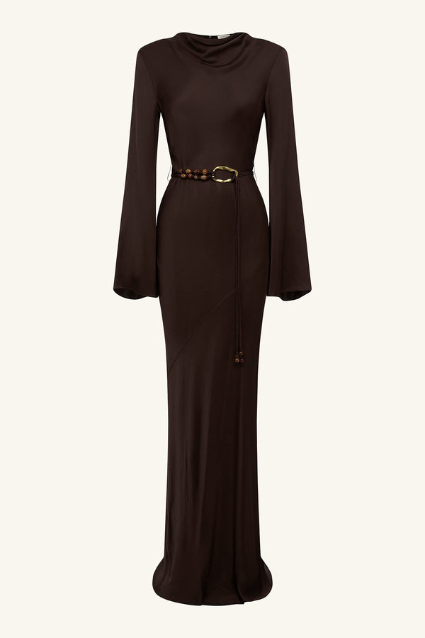 AGNES LONG SLEEVE MAXI DRESS WITH BELT - ESPRESSO_G