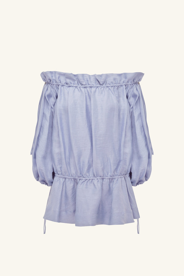 MARLOWE LINEN BLEND OFF SHOULDER MINI DRESS - CHAMBRAY_G