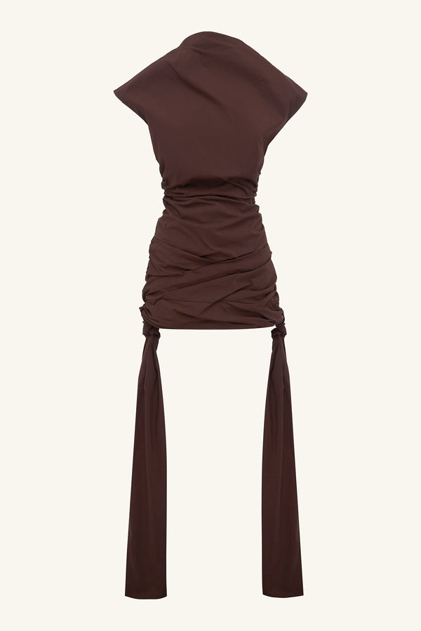 CAMPBELL DRAPED TIE MINI DRESS - RISTRETTO_G