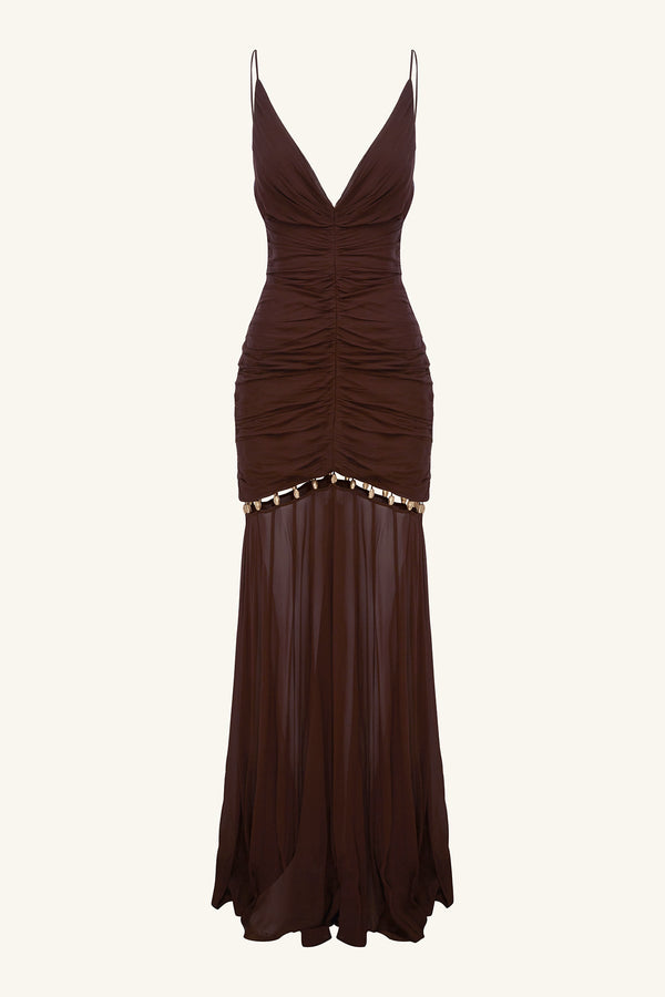 EMILIE GATHERED MAXI DRESS WITH BEADS - RISTRETTO_G