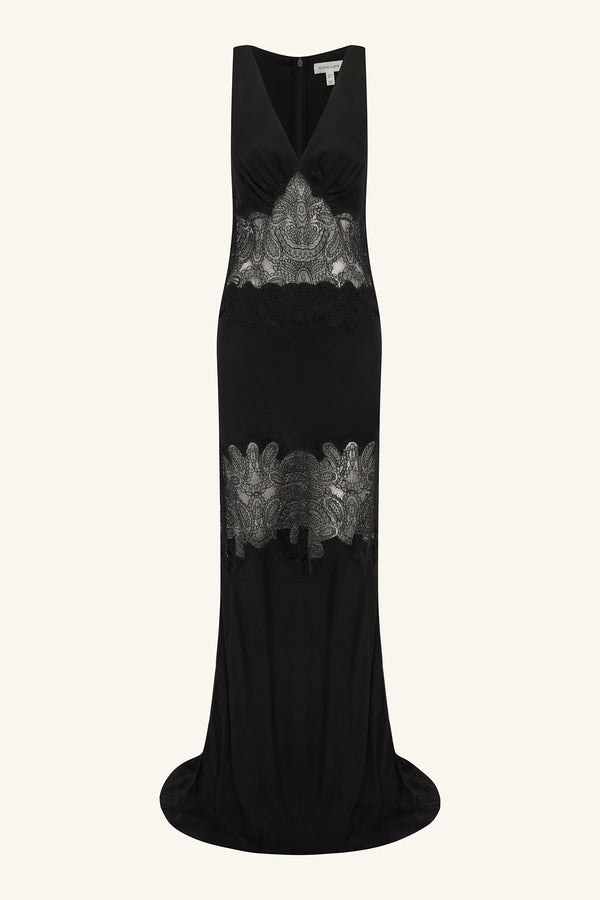 JAMILA PLUNGED LACE PANELLED MAXI DRESS - BLACK_G